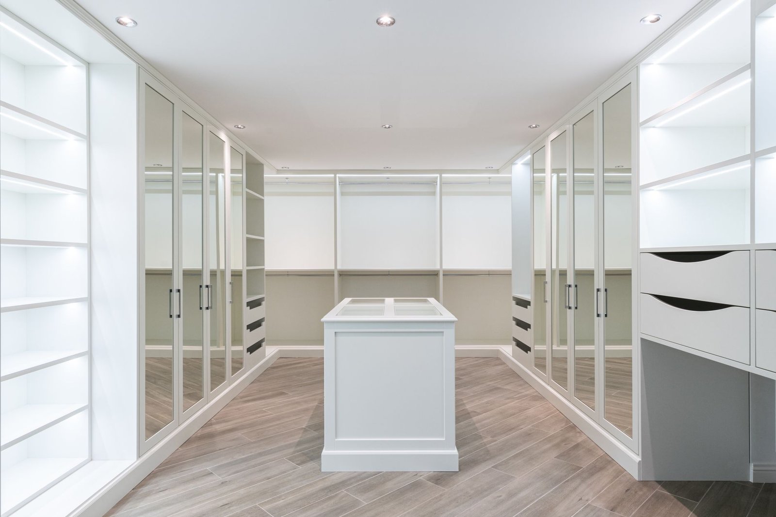 interior of spacious walk in closet with mirrored furniture and bright lamps