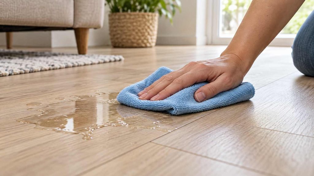 Hard-floor vacuum attachment removing dust from laminate planks.