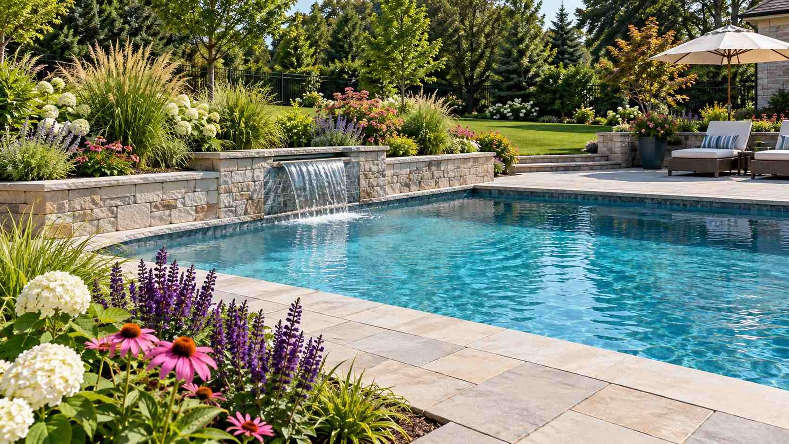 Flowering garden beds beside a backyard swimming pool