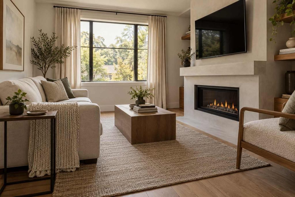 TV above a fireplace in a compact room