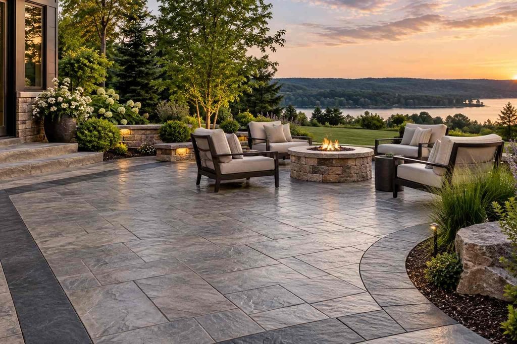 Decorative concrete patio with a dark border and slate-style center pattern