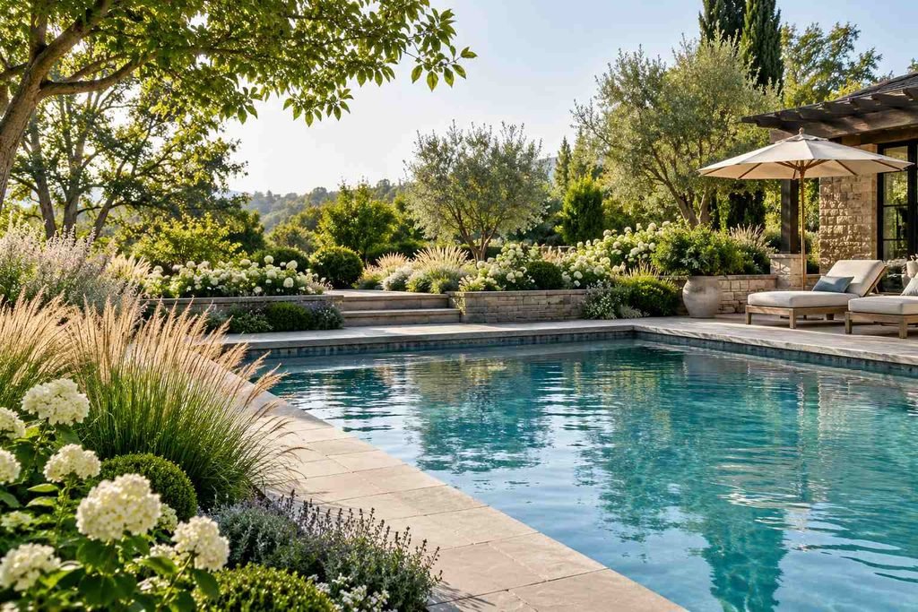 Minimalist pool garden with low grasses and clean paving