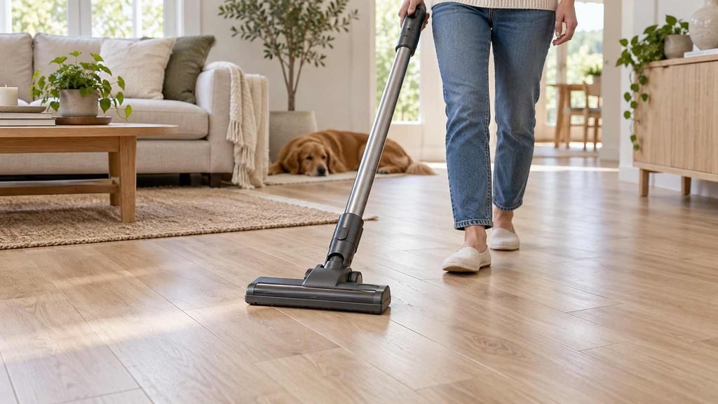 Microfiber mop being wrung out to remove excess water before cleaning laminate flooring.