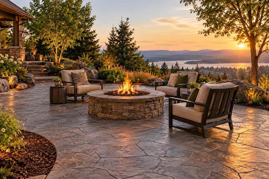 Textured concrete patio with a central fire pit and outdoor lounge chairs