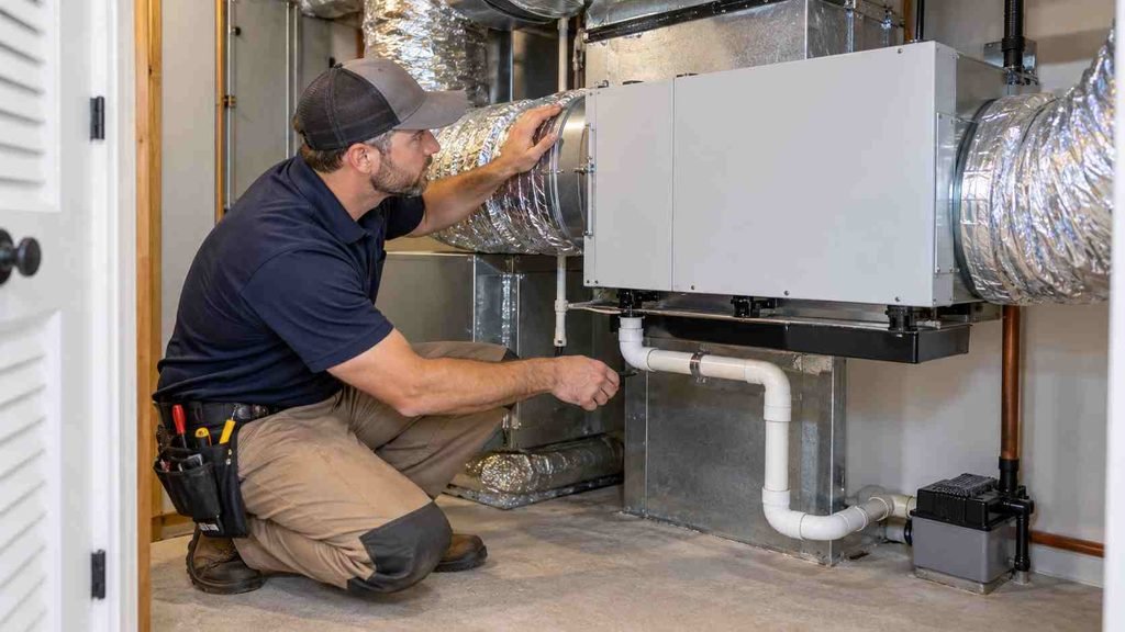 HVAC technician checking duct connections during a residential dehumidifier installation