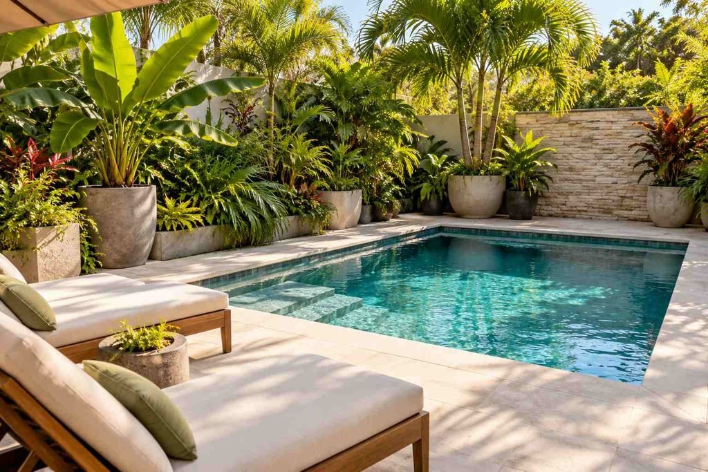 Tropical poolside garden with large container plants