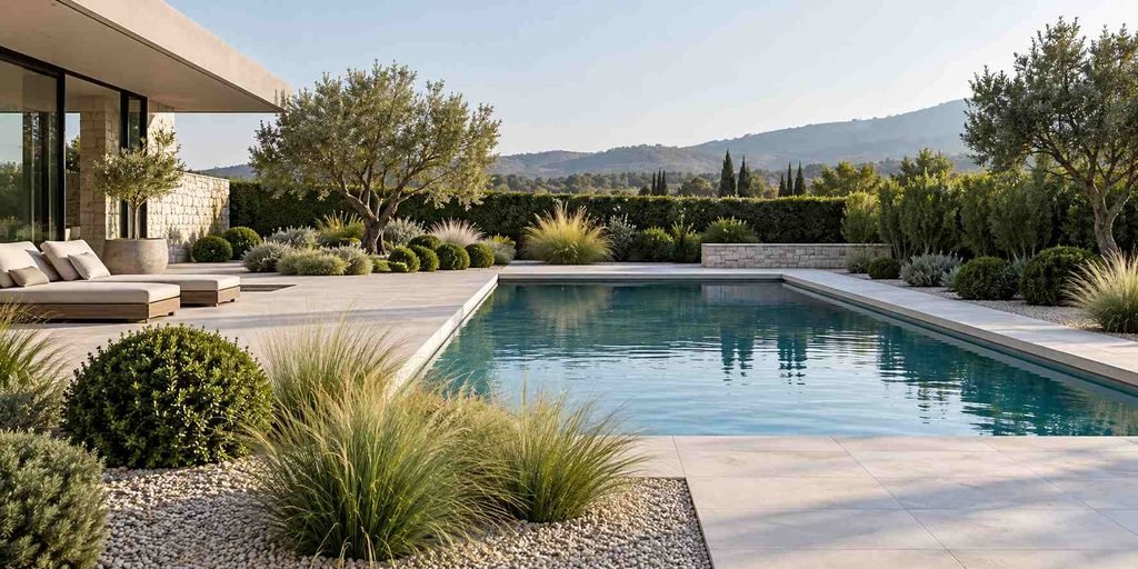 Pool surrounded by ornamental grasses and tidy garden beds