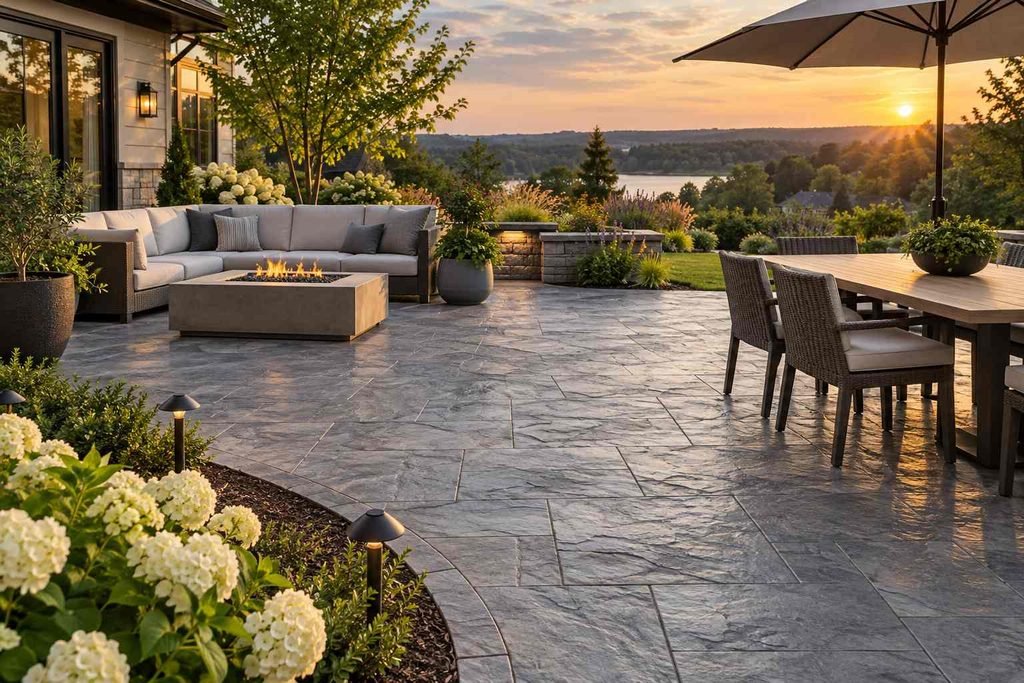 Gray slate-pattern concrete patio with outdoor dining and lounge furniture