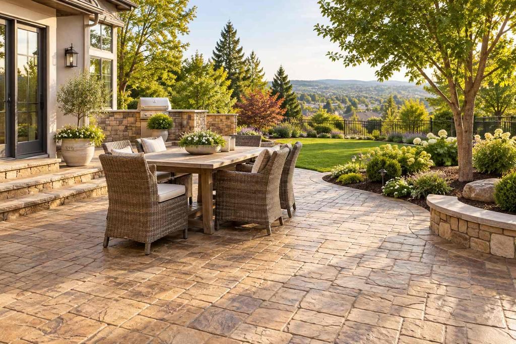 Warm tan cobblestone-pattern concrete patio with outdoor dining set