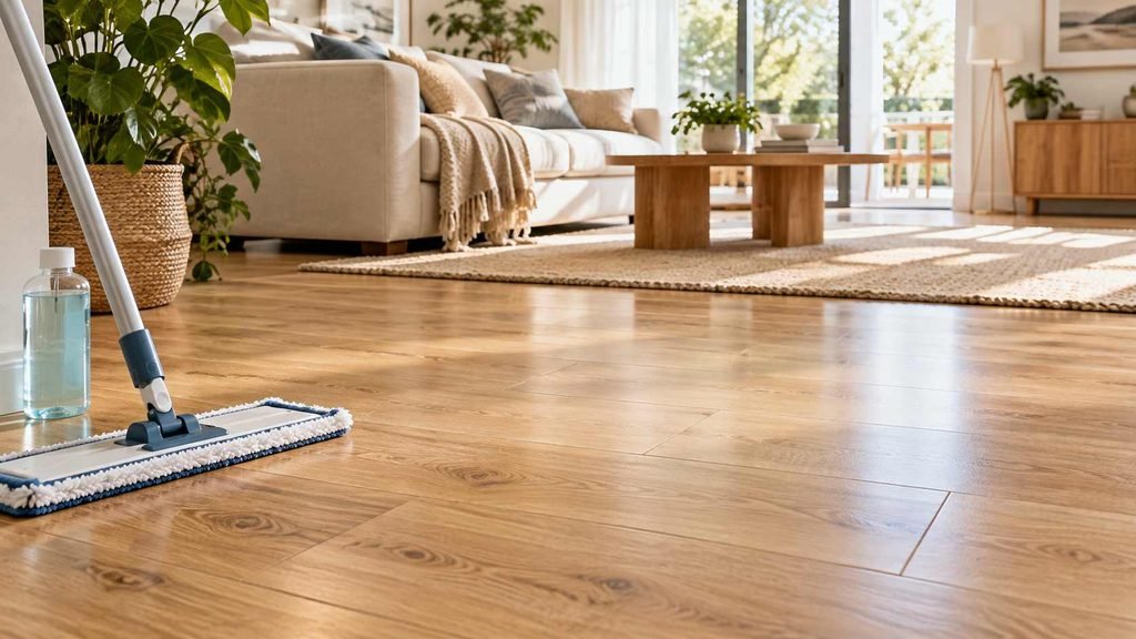microfiber dust mop sweeping crumbs from pale laminate flooring.