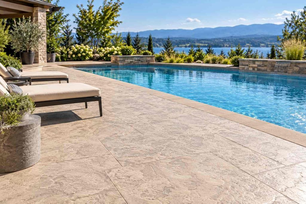 Light textured concrete patio beside a blue swimming pool
