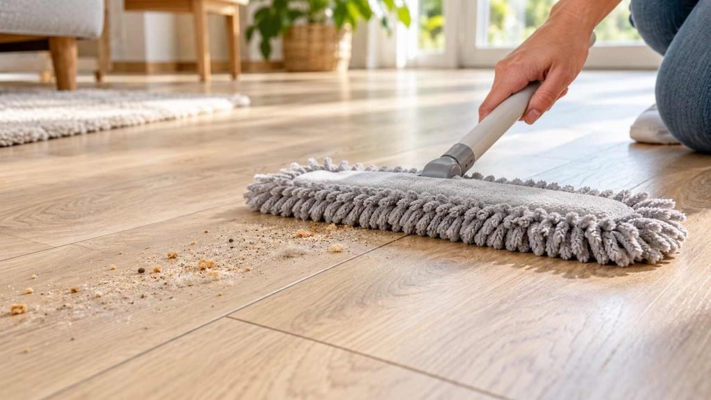 Microfiber mop and laminate floor cleaner beside light oak laminate flooring.