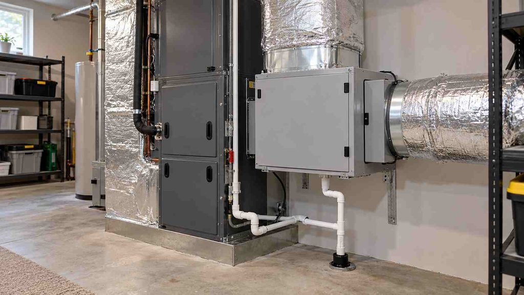 Whole-home dehumidification equipment installed beside an HVAC air handler in a utility room