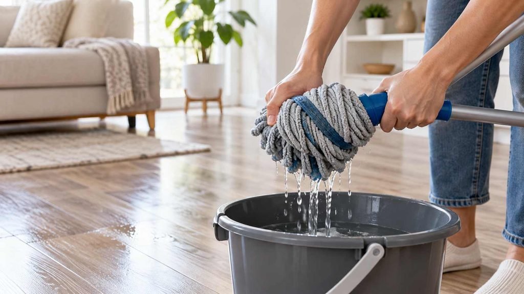  Microfiber cloth blotting a fresh spill from light laminate flooring.