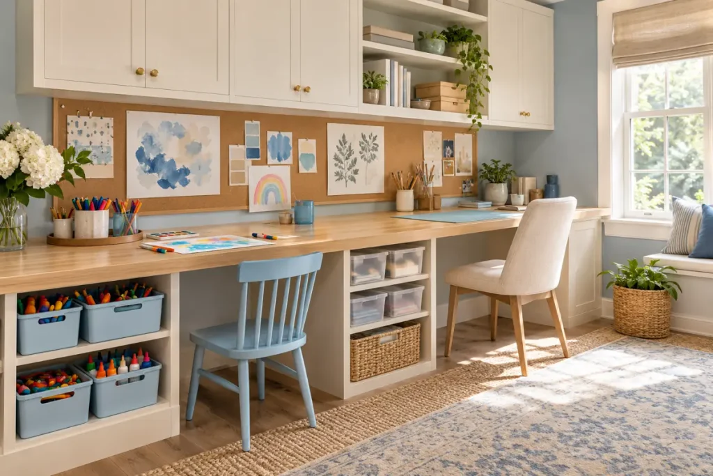 Shared family craft space with a long workbench and separate storage.