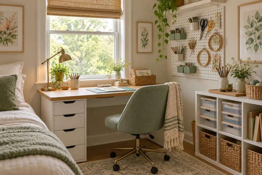 Small craft corner with a white desk, sage chair and organized pegboard beside a window