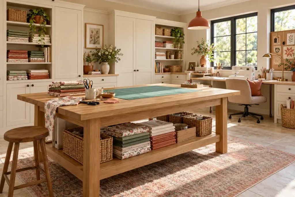 Sewing room with a large oak cutting table and neatly stored fabric.