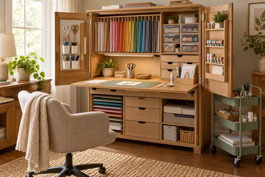 Open craft cabinet with paper files, drawers and a fold-out work surface