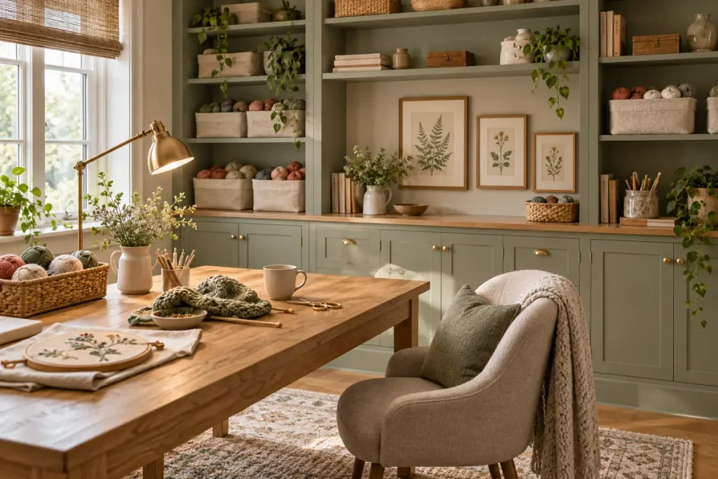 Sage green craft room with oak worktable, yarn baskets and embroidery supplies.